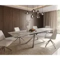 DELIFE Esstisch Edge 200-300x100 Keramik Minas Melange Weiß-Beige Kreuzgestell Rechteck Edelstahl ausziehbar - Beige/Weiß
