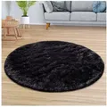 TT Home Teppich Diele, Esszimmer, Flur, Schlafzimmer, Wohnzimmer, Rund, Höhe: 37 mm, Teppich Wohnzimmer Hochflor Langflor Weich Soft Modernes Einfarbiges D schwarz Rund | 80 cm x 80 cm x 37 mm