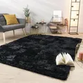 TT Home Teppich Wohnzimmer Hochflor Langflor Weich Soft Modernes Einfarbiges Design, Farbe: Schwarz, Größe:80 cm Rund