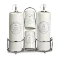 KHG Menage Set, Öl- & Essig-Spender Salz- & Pfefferstreuer, Öl Essig Dosierer, Salz & Pfeffer Streuer, Weiß Keramik Steingut gänzend glasiert, Edelstahl-Halterung, Landhaus Vintage Stil, beschriftet