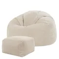Icon Kingston Sitzsack mit Hocker Cord, Beige, Sitzsack Erwachsene mit Füllung, Bean Bag, Cord Sessel, Lounge Sessel, Lounge Stuhl, Schlafzimmer, Wohnzimmer, Wohnzimmer Möbel