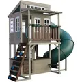KidKraft Cozy Escape Spielturm mit Rutsche – Zweistöckiges Outdoor Klettergerüst mit Tunnelrutsche, Kletterwand & Spielküche Grau