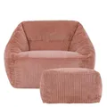 Icon Natalia Sitzsack Sessel mit Hocker für Erwachsene, Rosa, Flauschiger Cord Stoff, Riesen Sitzsack Samt mit Füllung, Bean Bag Chair, Bequemer Sessel Wohnzimmer, Lounge, Schlafzimmer, Büro