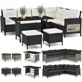Juskys Polyrattan Lounge Manacor - Sofa, Tisch, Hocker & Kissen - Schwarz & Creme - Creme