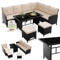 Juskys Polyrattan Lounge Manacor mit Ecksofa, Esstisch, 2 Hocker & Kissen - wetterfest bis 7 Personen - Bezüge waschbar - Rattan Garten Sitzgruppe Gartenlounge Gartenmöbel Set - Schwarz/Creme