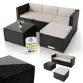 Juskys Polyrattan Lounge Punta Cana M schwarz – Gartenlounge Set für 3-4 Personen – Sitzgruppe mit Sofa, Tisch & Hocker - Sitzbezüge in Creme - Schwarz/Creme