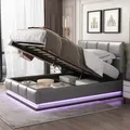 Flieks Polsterbett mit LED, hydraulisches Boxspringbett 140x200cm mit Lattenrost, Stauraum, Doppelbett Holzbett Kunstleder
