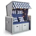 Casa Padrino Strandkorb Grau / Blau / Weiß 116 x 76 x H. 160 cm - Holz Strandkorb mit Dach und LED Beleuchtung - Garten Möbel - Pool Möbel - Outdoor Möbel