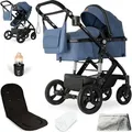 Bergsteiger Nizza 3 in 1 Kinderwagen, Kombikinderwagen Komplettset, Babywanne & Buggy Sportsitz inklusive, Auto-Babyschale & Isofix Station optional - Blau/Schwarz