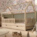 Crazy Pine Hausbett mit Schubladen 80x160 cm – Kinderbett aus Naturholz – Montessori Bodenbett mit zusätzlichen Stauraum - Crazy Blanco - Naturbelassen