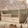 Crazy Pine Hausbett mit Schubladen 80x160 cm – Kinderbett aus Naturholz mit Rausfallschutz – Skandinavisches Design, Montessori Bodenbett mit zusätzlichen Stauraum - Crazy Blanco