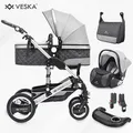 VESKA® 3 in 1 Kombi-Kinderwagen inkl. Babyschale, Buggy, Jogger mit Wickeltasche, Moskitonetz, Regencover, Spieltisch, Autoschale Fußsack, QuickF... - Silber/Grau/Dunkelgrau