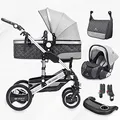 3 in 1 Kombi-Kinderwagen inkl. Babyschale, Buggy, Jogger mit Wickeltasche, Moskitonetz, Regencover, Spieltisch, Autoschale Fußsack, QuickFold, Aluminiumrahmen (Silber - anthrazit/grau)