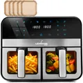 LEHMANN Heißluftfritteuse 2 Kammern XXL mit Sichtfenster, 9L Airfryer Doppelkammer, 2x 4,5L Schublade, WLAN-Steuerung und Touchscreen, 80-200°C, 12 Programmen - Dehydriere, Grillen, Backen ohne Öl