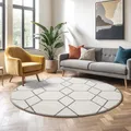 SANAT Wohnzimmerteppich – Pflegeleicht, für jeden Raum geeignet – Öko-Tex zertifizierter Flächenteppich – Trellis Muster, Creme, 120 cm Rund