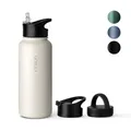 Vinsun Edelstahl Trinkflasche 1L weiß - Strohhalm, Trinköffnung, Drehverschluss - auslaufsicher, Kohlensäure geeignet - leichte Thermosflasche Sport, Outdoor, Büro