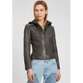 Lederjacke MAURITIUS "Cacey LEGV", Damen, Gr. L, grau (anthrazit), Obermaterial: 100% Schafsleder. Futter: 100% Baumwolle. Ärmelfutter: 100% Polyester. Kapuze: 60% Baumwolle, 40% Polyester, unifarben, modisch, regular fit kurz, Langarm eingesetzt abgesteppt, Jacken, mti Kapuze, Reißverschluss, Ziersteppung