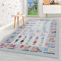 HomebyHome Kurzflor Kinderteppich für Jungen und Mädchen 160 x 230 cm Grau Alfhabet Design - Waschbarer Teppich Extra Weich und Antiallergen - Teppich für Kinderzimmer, Babyzimmer und Spielzimmer