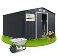 Juskys Gerätehaus Metall 8,9 m² – Geräteschuppen mit Pultdach, Schiebetür & Fundamentrahmen, kleines Gartenhaus als Gartenschrank 277x319x192 cm – Anthrazit