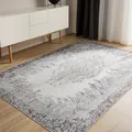 benuta Basic Waschbarer Teppich George - Schwarz/Grau 60x120 cm - Kunstfaser - Rechteckig & im Style: Vintage, Elegant, Retro - Pflegeleicht für Wohnzimmer Schlafzimmer
