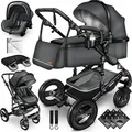 KIDUKU® 3 in 1 Kombi Kinderwagen Anthrazit/Schwarz Buggy Reisebuggy inkl. Auto- Babyschale Faltbar ECE R129 - Dunkelgrau