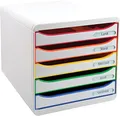 Exacompta 309913D Premium Ablagebox mit 5 Schubladen für DIN A4+ Dokumente. Stapelbare Schubladenbox mit hoher Kapazität für mehr Platz auf dem Schreibtisch Big Box Plus Black Office Weiß-Bunt