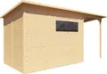 Bertilo Gartenhaus Pent Modern 4 Plus inkl. Anbaudach - 18 mm naturbelassen