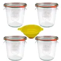 4 Weckgläser/Rundrandgläser in Sturzform 500 ml (auch gut geeignet für Kuchen im Glas) inkl. Klammern+Ringe und einem gelben Einfülltrichter mit Arretierung