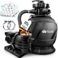 tillvex Sandfilteranlage Pool 10 m³/h inkl. 800g Filterbälle | Filteranlage 7-Wege Ventil & 2in1 Adapter Ø32mm - 38mm | Poolfilter mit Druckanzeige | Sandfilter für Schwimmbecken (AquaBlack Pro)