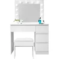 Aga Schminktisch mit Spiegel 12 LED Glühbirnen und gepolsterter Hocker Weiß matt - Weiß