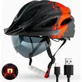 Fahrradhelm H085 Urban mit LED-Rücklicht & Magnet-Sonnenbrille Visier – City Helm für Damen & Herren – 54-61cm – Ultraleicht 245g Schwarz R... - Schwarz/Rot