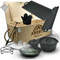 AREBOS Dutch Oven BBQ Set | Gusseisen, Holzkiste & Schutzhandschuhe - Schwarz