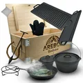AREBOS Dutch Oven BBQ Set aus Gusseisen mit Holzkiste inklusive Schutzhandschuhe