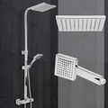ECD Germany Duschsystem mit Thermostat Mischbatterie, Silber verchromt, Eckig, Edelstahl Duschset Duscharmatur Regendusche und Handbrause, Duschsäule mit Kopfbrause/Schlauch, verstellbare Duschstange