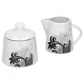 Van Well 2-TLG. Geschirr-Set Black Flower | Zuckerdose + Milchkännchen | Zuckerspender mit Deckel + Milch-Gießer | modern | edles Hotel-Porzellan