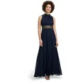 Abendkleid VERA MONT "Vera Mont Abendkleid rückenfrei", Damen, Gr. 38, Normalgrößen, blau (night sky), Chiffon, Obermaterial: 100% Polyester recycelt., festlich, ausgestellt lang, gekräuselter Ausschnitt, ohne Ärmel, Kleider, Aufgesteppte Bänder