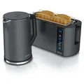 Arendo Frühstücks-Set Edelstahl, Wasserkocher mit Temperatureinstellung 1,5l, 4 Scheiben Langschlitztoaster, 4 Scheiben Toaster, Brötchenaufsatz... - Grau