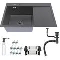 ANW HOME Edelstahl Küchenspüle 78×50 cm Nano Black 304, Spülbecken 1 Becken mit Abtropffläche & Seifenspender, Topmount Einbauspüle - Schwarz