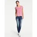 Rundhalsshirt HEINE "Rundhals-Shirt", Damen, Gr. 40, lila (himbeere), 50% Polyester, 50% Viskose, unifarben, Rundhals, Kurzarm, Shirts