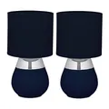 Relaxdays Tischlampe, 2er Set, Metallfuß, Stoffschirm, E14, H x D: 32 x 18 cm, Nachttischlampe mit Kabel, blau/Silber