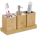 Relaxdays - Badaccessoires Set, 4-teilig, Bambus, Pumpseifenspender, Zahnputzbecher, Zahnbürstenhalter, Mit Schale, Natur