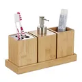 Relaxdays Badaccessoires Set, 4-teilig, Bambus, Pumpseifenspender, Zahnputzbecher, Zahnbürstenhalter, mit Schale, natur