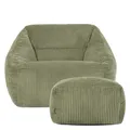 Icon Natalia Sitzsack Sessel mit Hocker für Erwachsene, Salbeigrün, Flauschiger Cord Stoff, Riesen Sitzsack Samt mit Füllung, Bean Bag Chair, Bequemer Sessel Wohnzimmer, Lounge, Schlafzimmer, Büro