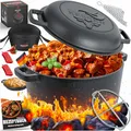 KESSER® Dutch Oven 2in1 Gusseisen Topf 4,8L und Pfanne 1,8L einsatzfertig eingebrannt Inkl. Kochbuch Schmortopf Doppelfunktion Deckel/Bratpfanne für Küche Camping Garten BBQ Backen Gasgrill, Schwarz