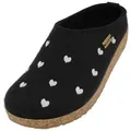 Haflinger Grizzly Cuoricino Filzclog aus reinem Wollfilz Unisex Herzmotiv Hausschuh schwarz|silberfarben 39 EU