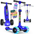 KIDIZ® Roller Kinder Scooter X-Pro2 Dreiradscooter mit PU LED Leuchtenden Räder Kinderroller faltbar Tret-Roller höhenverstellbarer Cityroller Kinderscooter für Jungen Mädchen 3-12 Jahre, Schwarz/Blau
