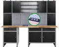 Ondis24 Werkstatteinrichtung 240cm Komplettset mit FSC-zertifizierten Buchenholz Arbeitsplatten, versenkbarer Steckdosenleiste grau Werkbank Werkzeugschrank Lochwand (3 Schubladen / 9 Türen, Schwarz)