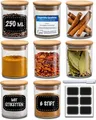 Praknu Gewürzgläser Groß - 8er Set 250ml - mit Etiketten zum Beschriften - Luftdicht - Spülmaschinenfest - Küchenorganisation - für Gewürze, Kräuter & Tee