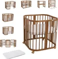 Mobiles Babybett aus Holz 7in1 mit Matratze, mitwachsend,Ohne Stoffset,Holz vintage