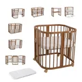 Waldin Babybett aus Holz 7in1 mit Matratze, Mitwachsendes Kinder-Bett, Belüftet, Boden 5-Fach Verstellbar, All-Inclusive-Set, Holz Vintage